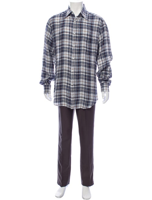 Brunello Cucinelli Linen Plaid Print Shirt Blue