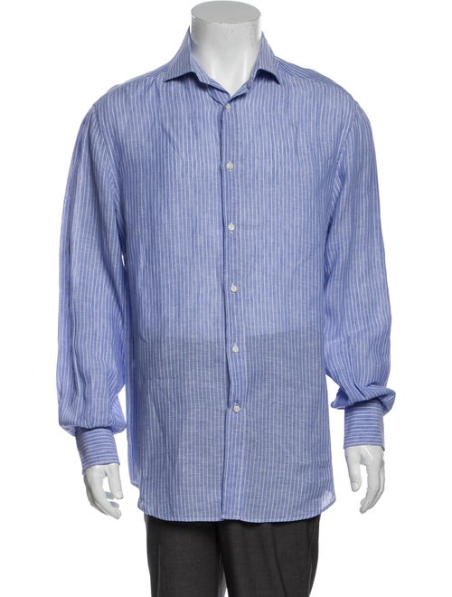 Brunello Cucinelli Linen Striped Dress Shirt Blue