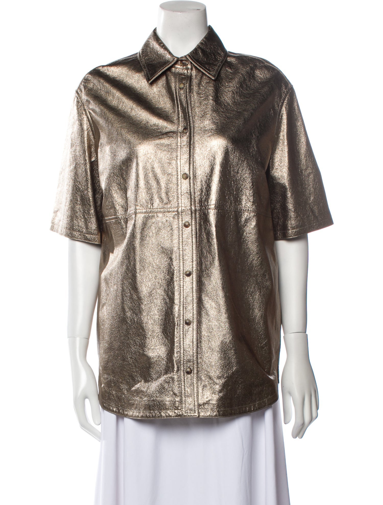 Brunello Cucinelli Leather Short Sleeve Button-Up Top w/ Tags