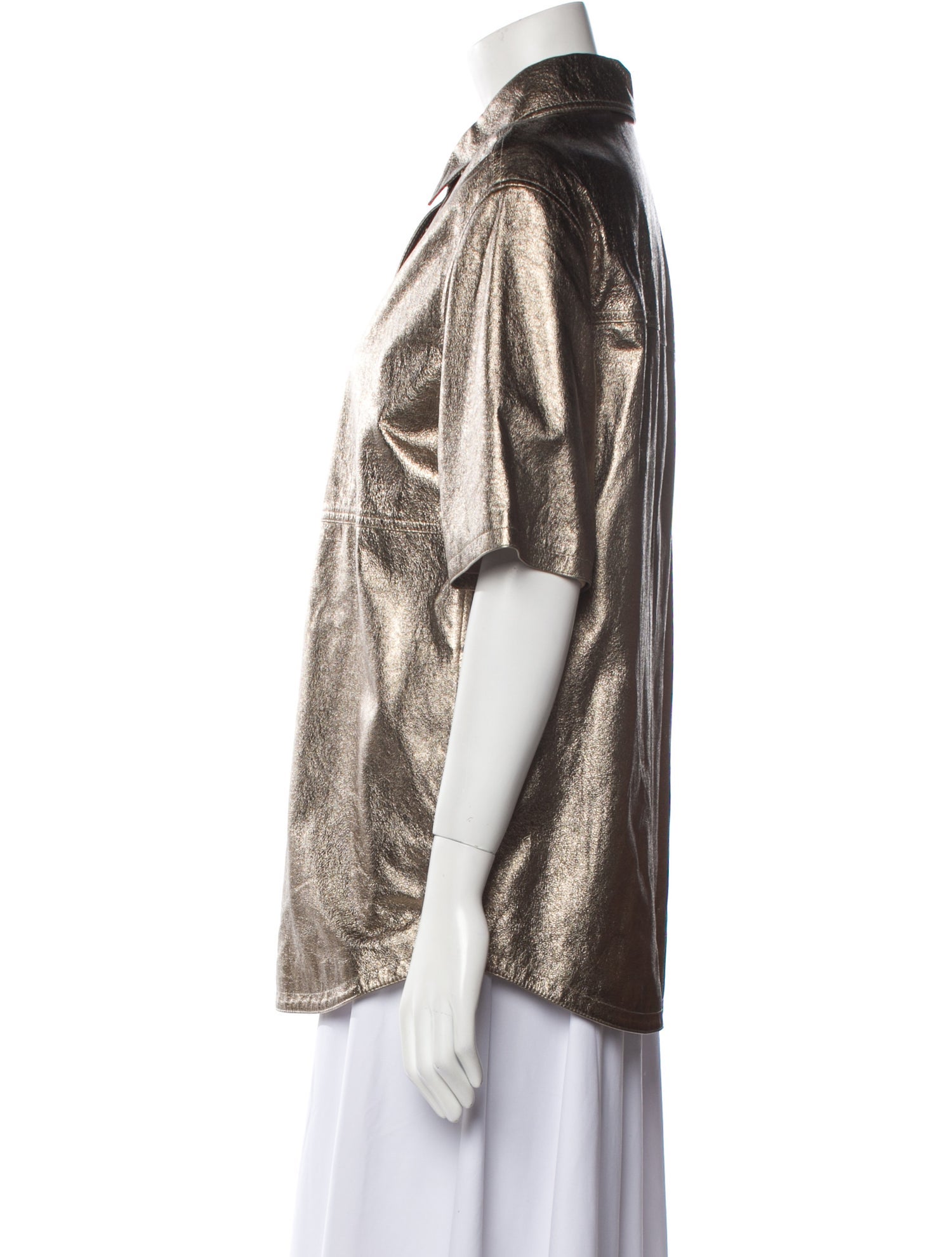 Brunello Cucinelli Leather Short Sleeve Button-Up Top w/ Tags
