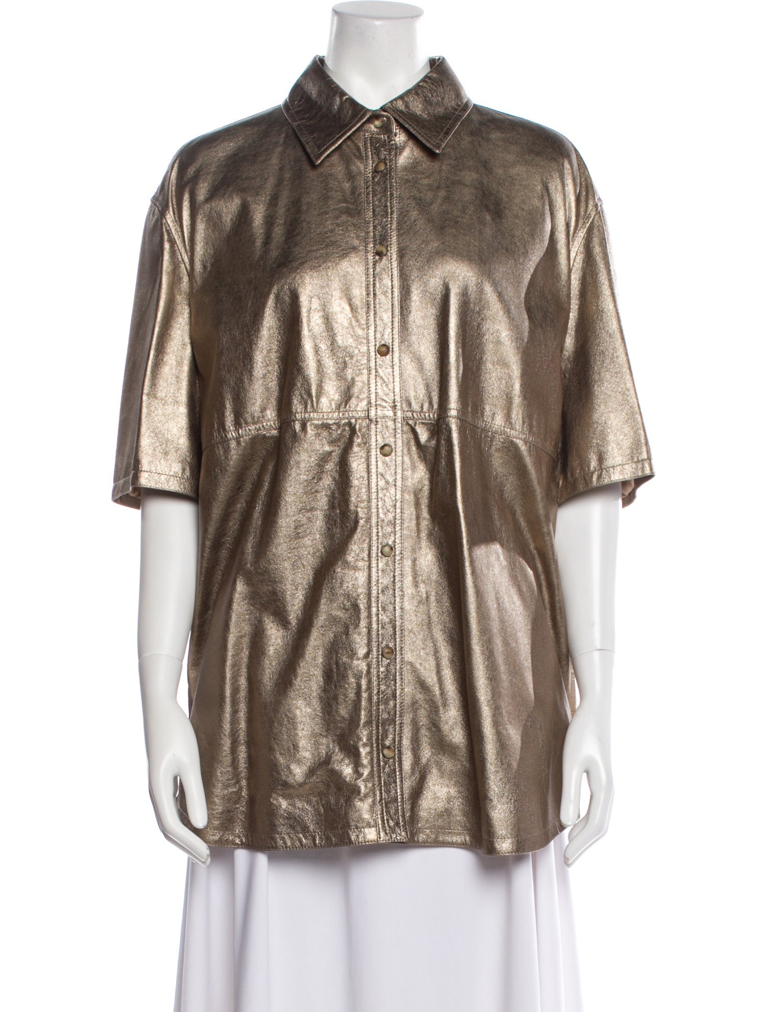 Brunello Cucinelli Leather Short Sleeve Button-Up Top