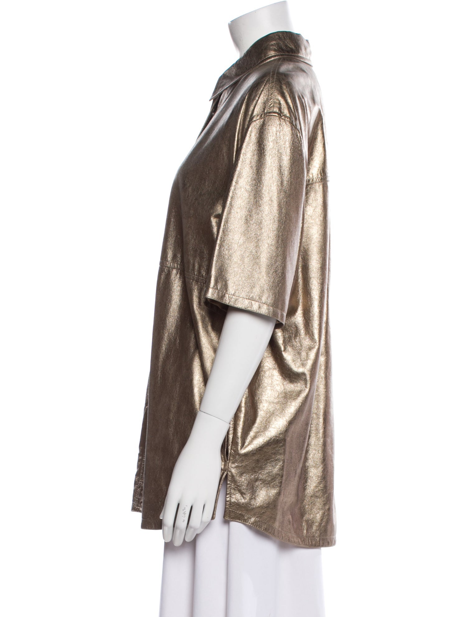 Brunello Cucinelli Leather Short Sleeve Button-Up Top