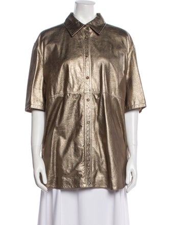 Brunello Cucinelli Leather Short Sleeve Button-Up Top