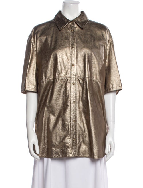 Brunello Cucinelli Leather Short Sleeve Button-Up Top