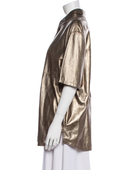 Brunello Cucinelli Leather Short Sleeve Button-Up Top