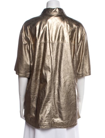 Brunello Cucinelli Leather Short Sleeve Button-Up Top