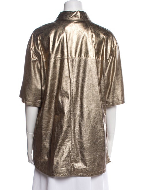 Brunello Cucinelli Leather Short Sleeve Button-Up Top