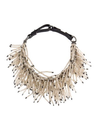 Brunello Cucinelli Leather & Glass Beaded Fringe Choker