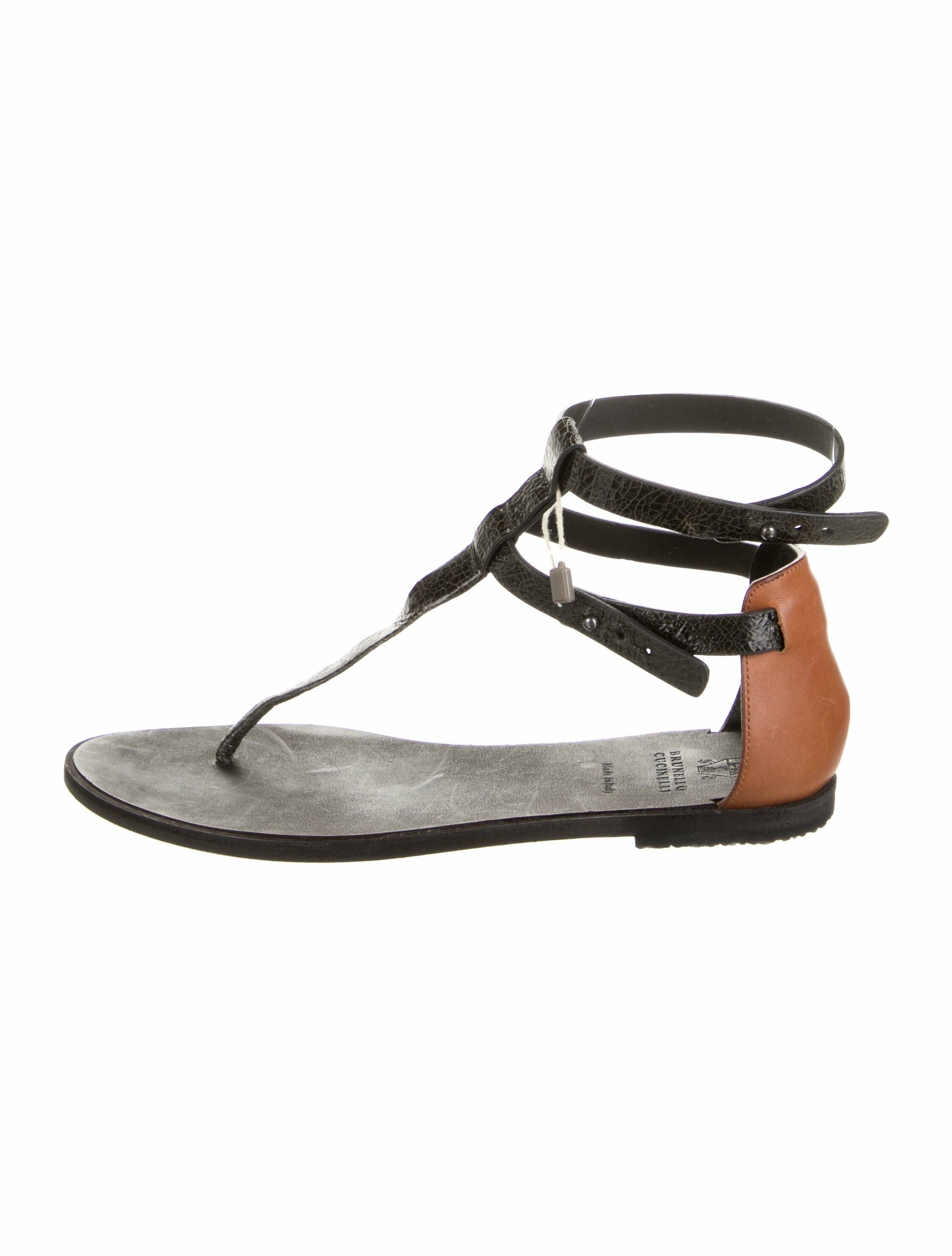 Brunello Cucinelli Embossed Leather Colorblock Pattern T-Strap Sandals