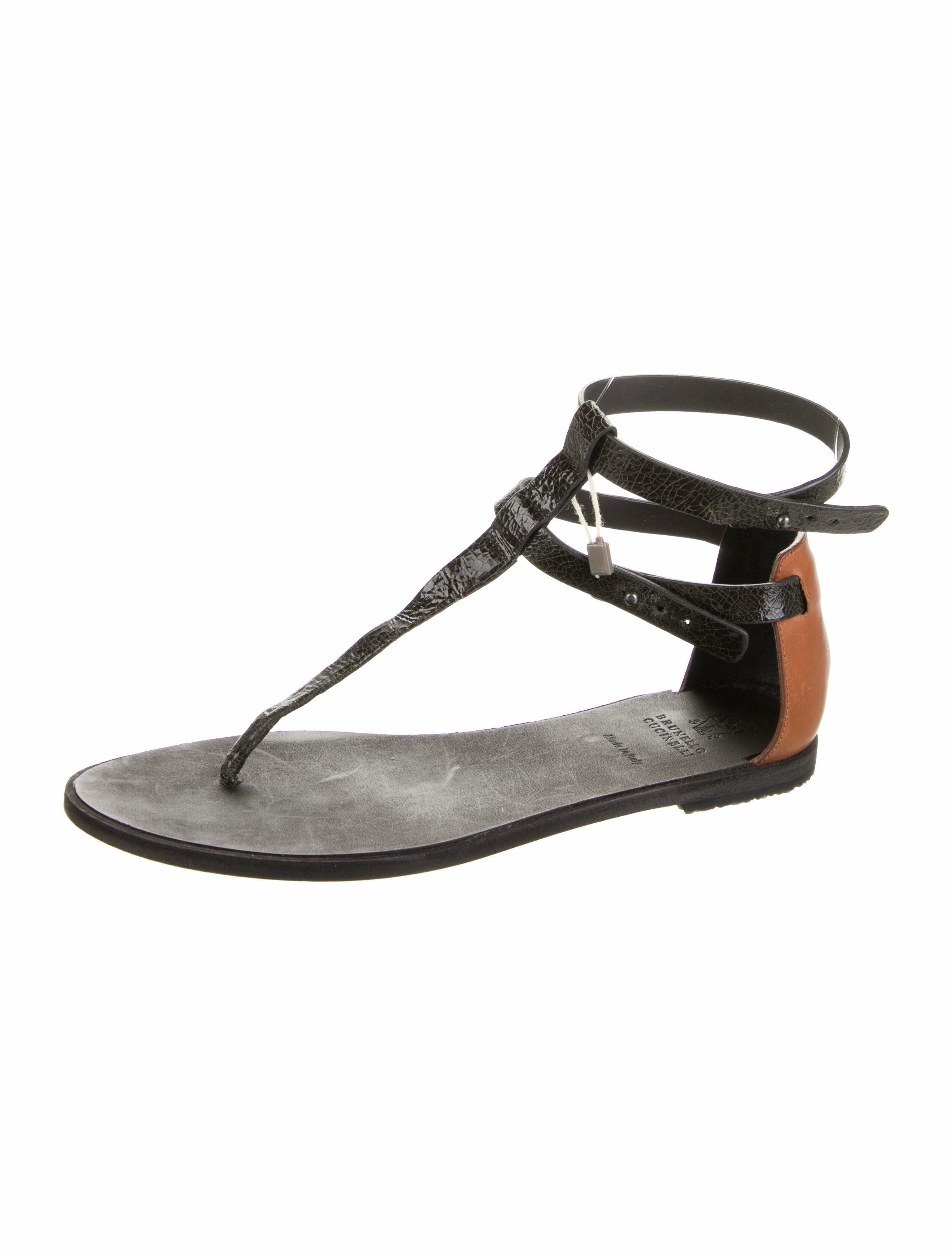 Brunello Cucinelli Embossed Leather Colorblock Pattern T-Strap Sandals