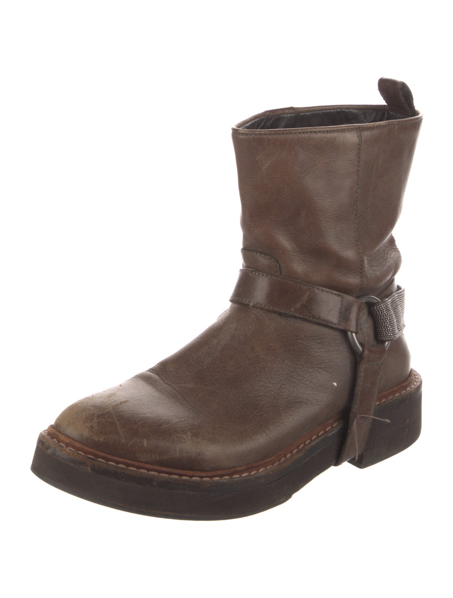 Brunello Cucinelli Leather Beaded Accents Moto Boots