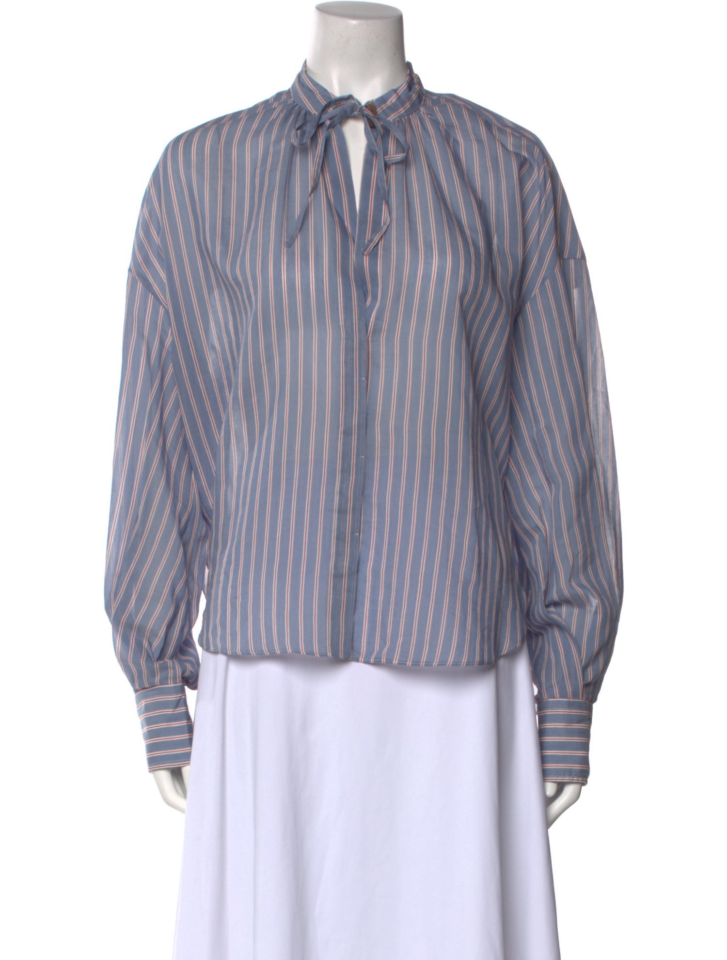 Brunello Cucinelli Striped Tie Neck Button-Up Top