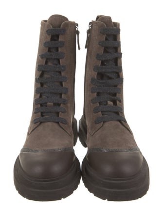 Brunello Cucinelli Suede Colorblock Pattern Combat Boots