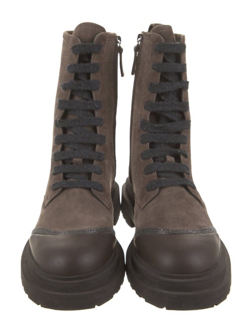 Brunello Cucinelli Suede Colorblock Pattern Combat Boots