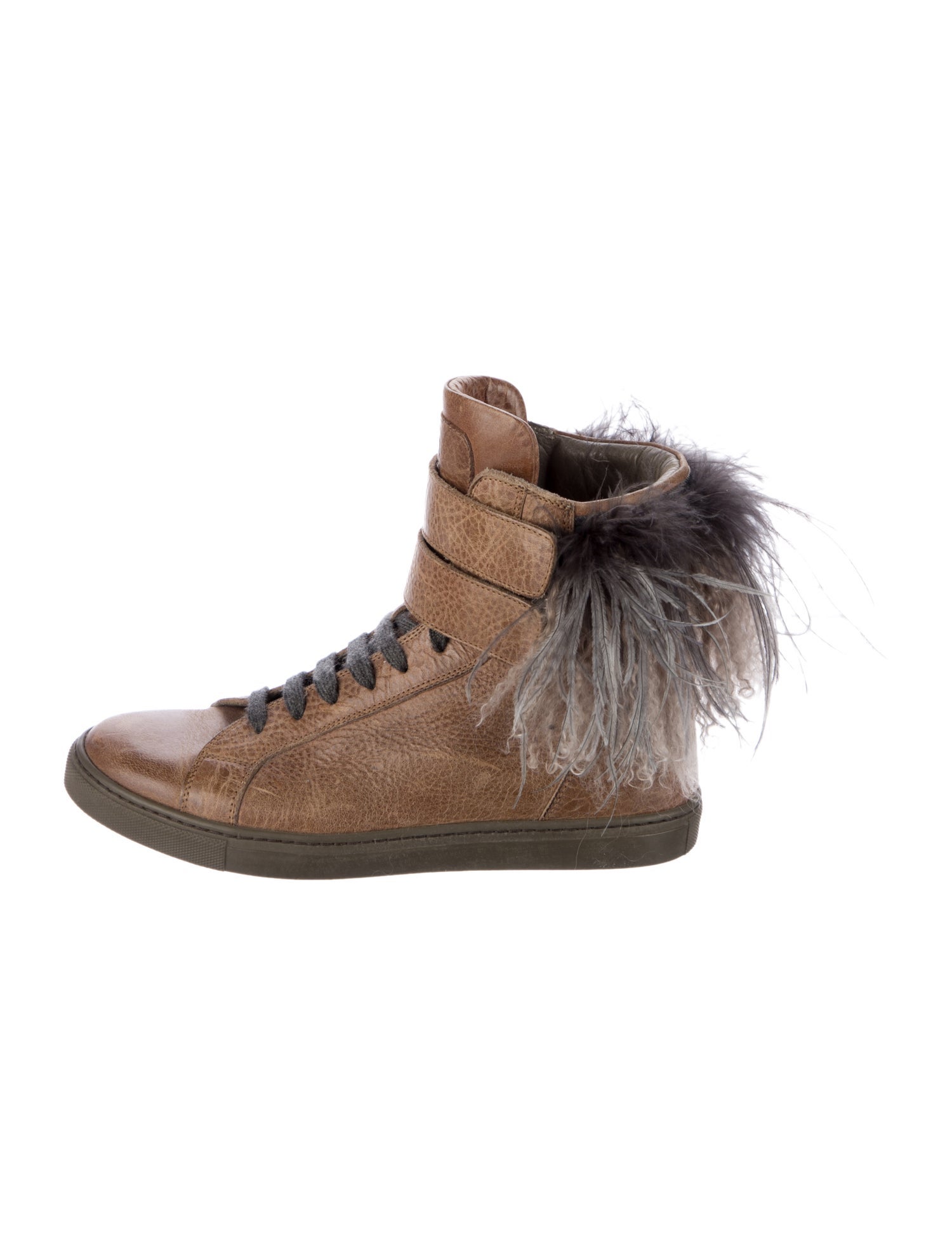 Brunello Cucinelli Leather Feather Trim Combat Boots