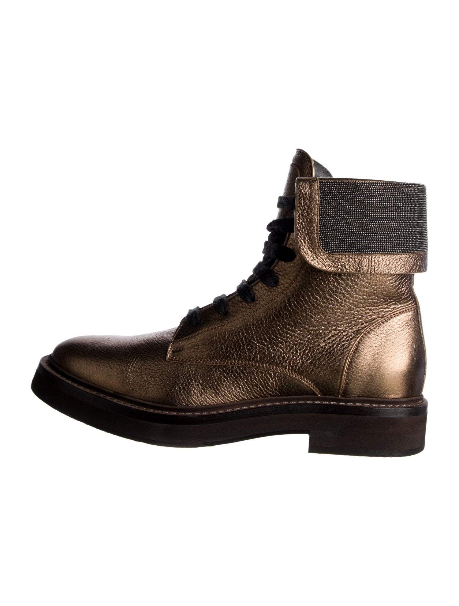 Brunello Cucinelli Leather Beaded Accents Combat Boots