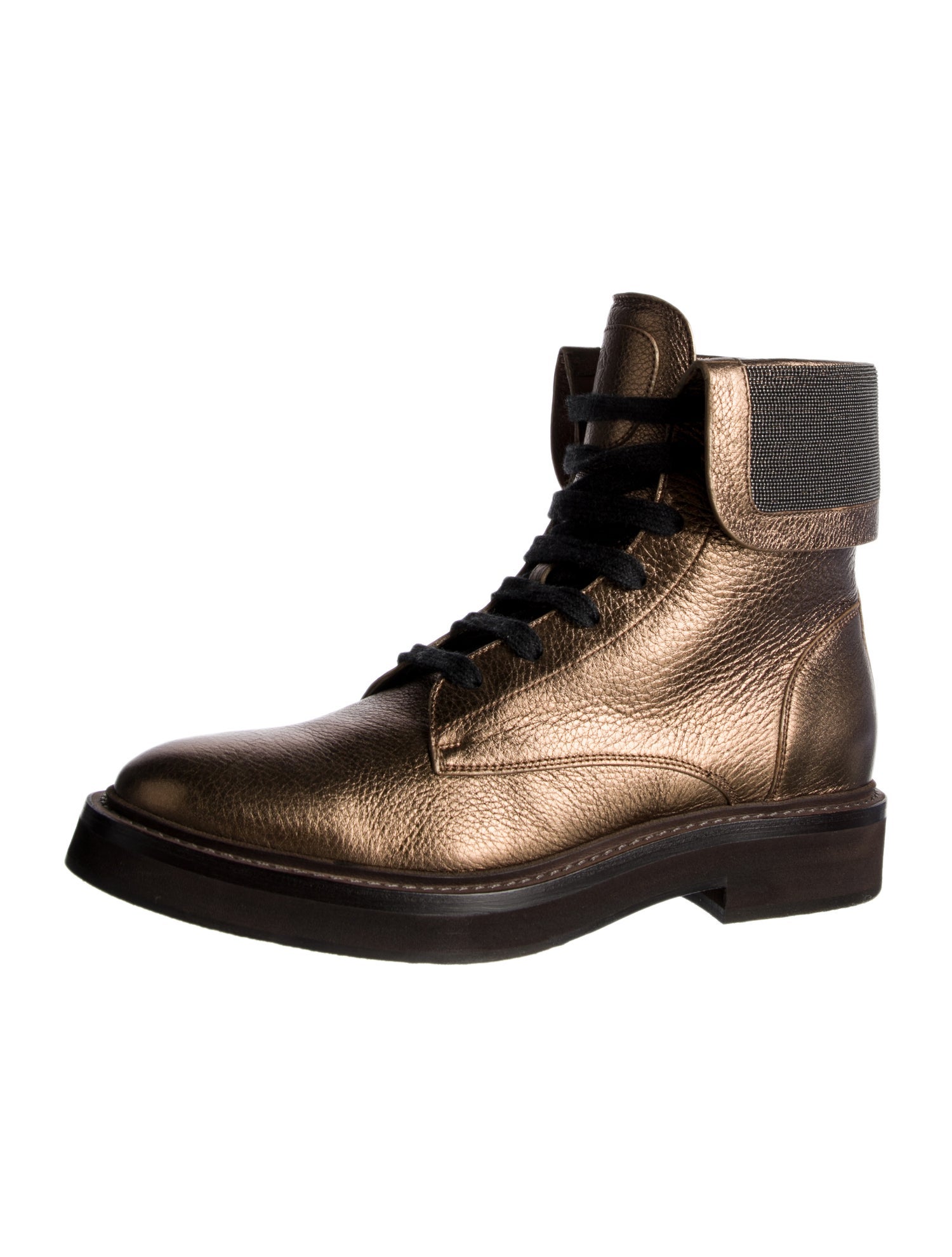 Brunello Cucinelli Leather Beaded Accents Combat Boots