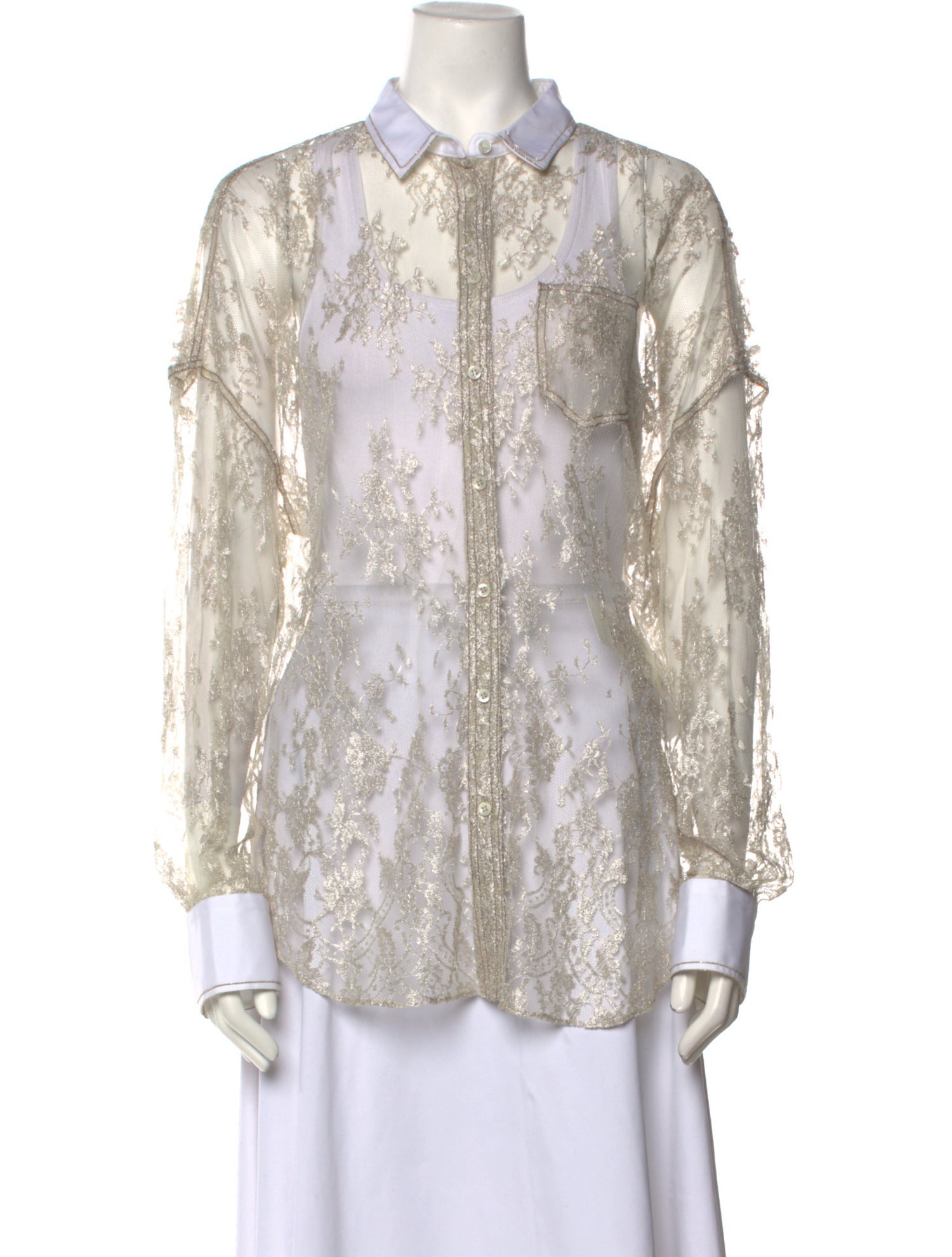 Brunello Cucinelli Lace Pattern Long Sleeve Button-Up Top