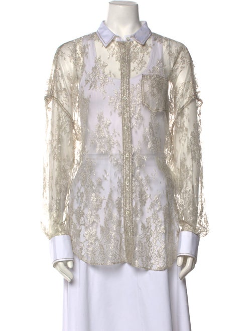 Brunello Cucinelli Lace Pattern Long Sleeve Button-Up Top