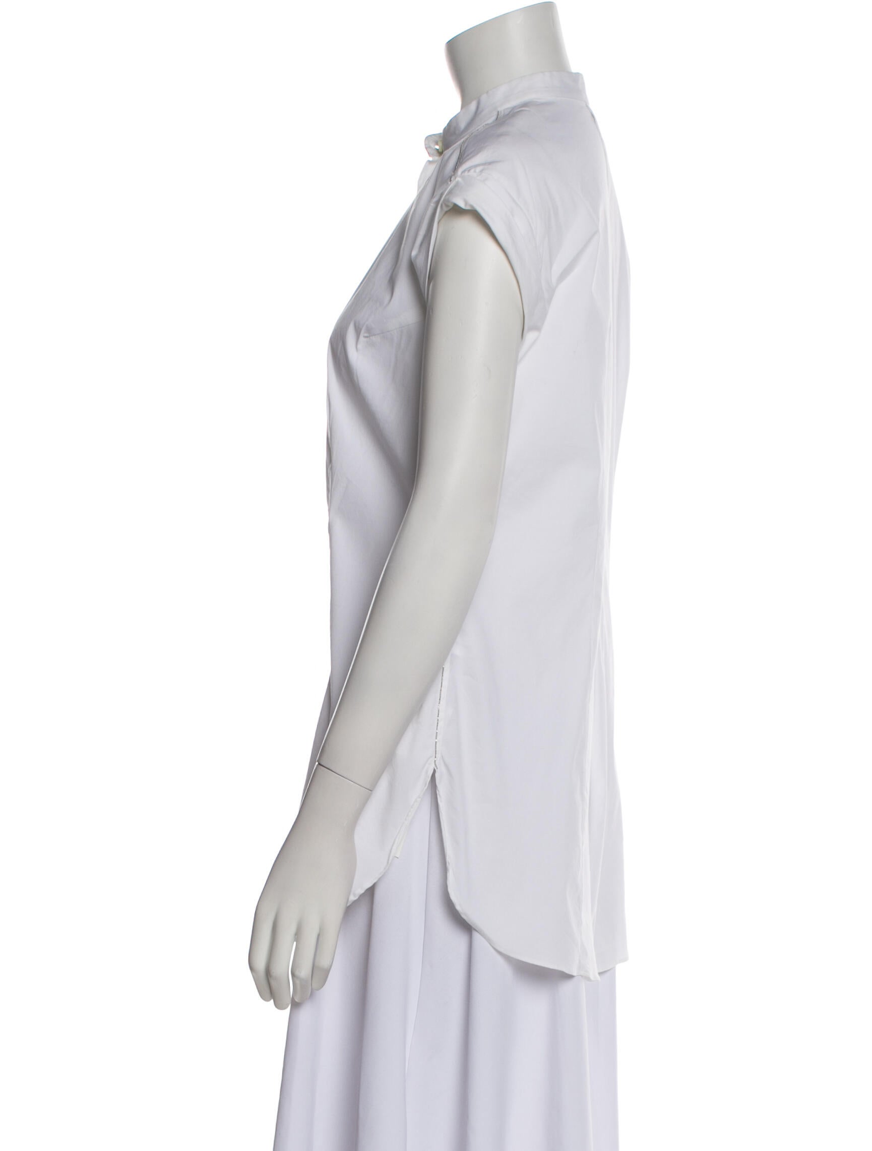 Brunello Cucinelli Mock Neck Short Sleeve Button-Up Top