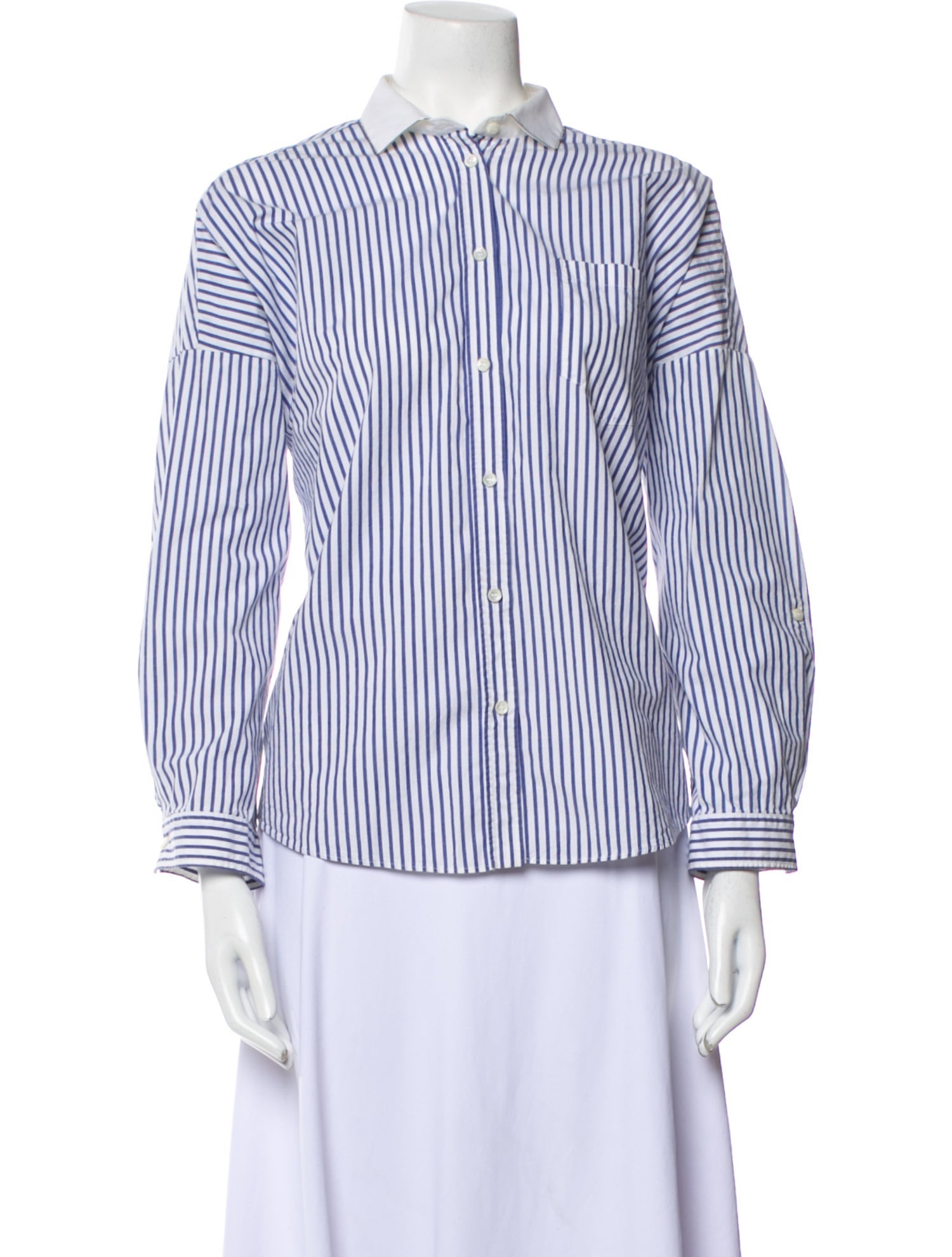Brunello Cucinelli Striped Three-Quarter Sleeve Button-Up Top