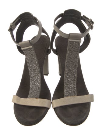 Brunello Cucinelli Monili Leather T-Strap Sandals