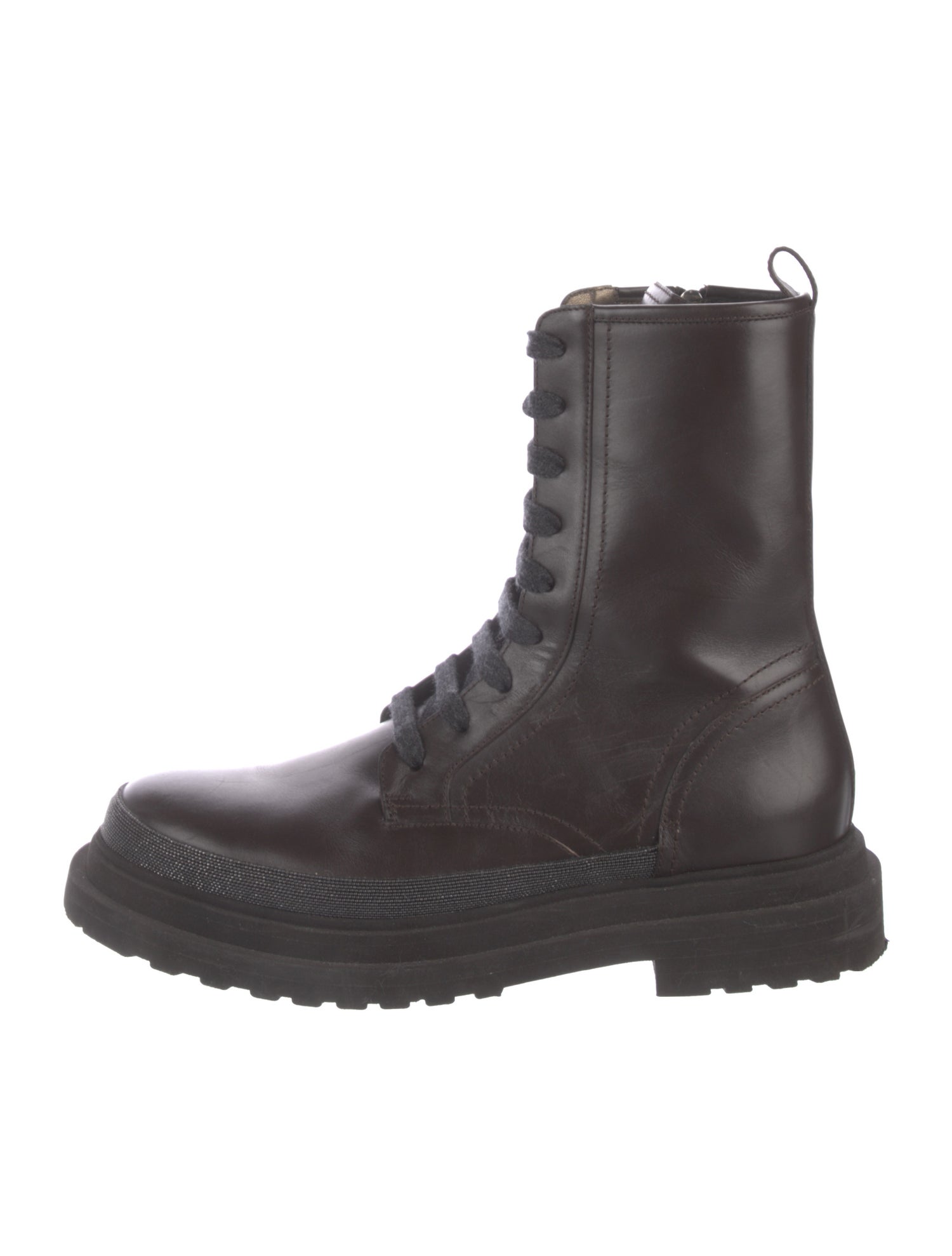 Brunello Cucinelli Leather Beaded Accents Combat Boots