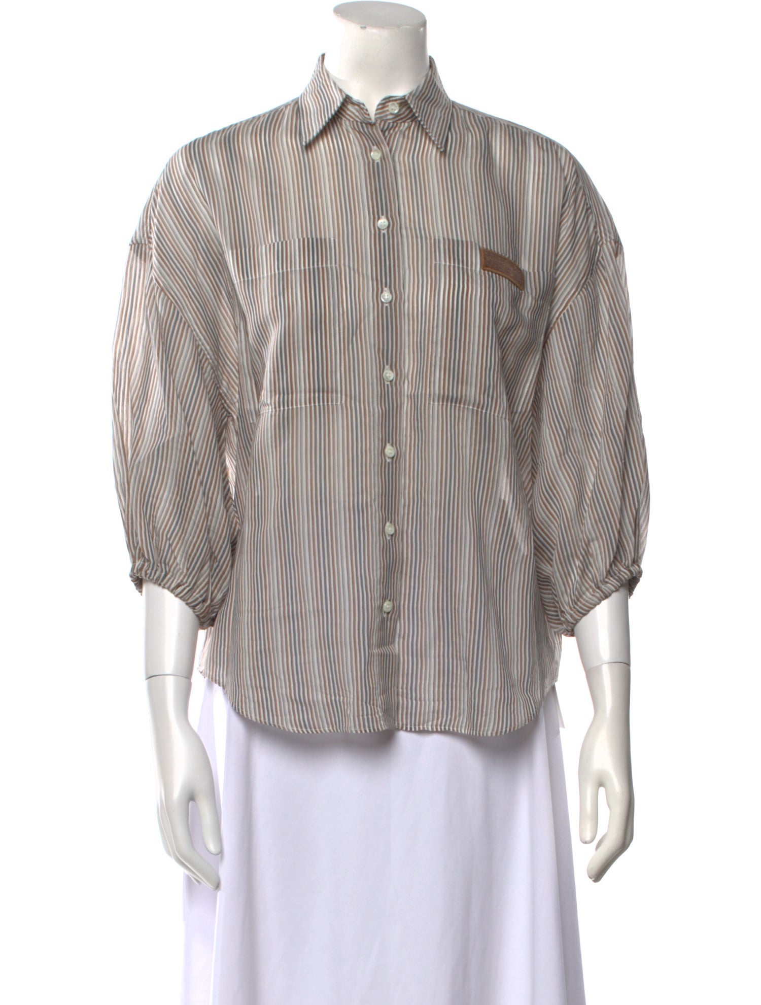 Brunello Cucinelli Striped Three-Quarter Sleeve Button-Up Top