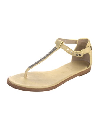 Brunello Cucinelli Leather Beaded Accents T-Strap Sandals