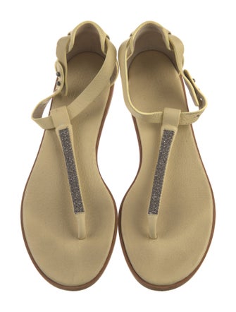 Brunello Cucinelli Leather Beaded Accents T-Strap Sandals