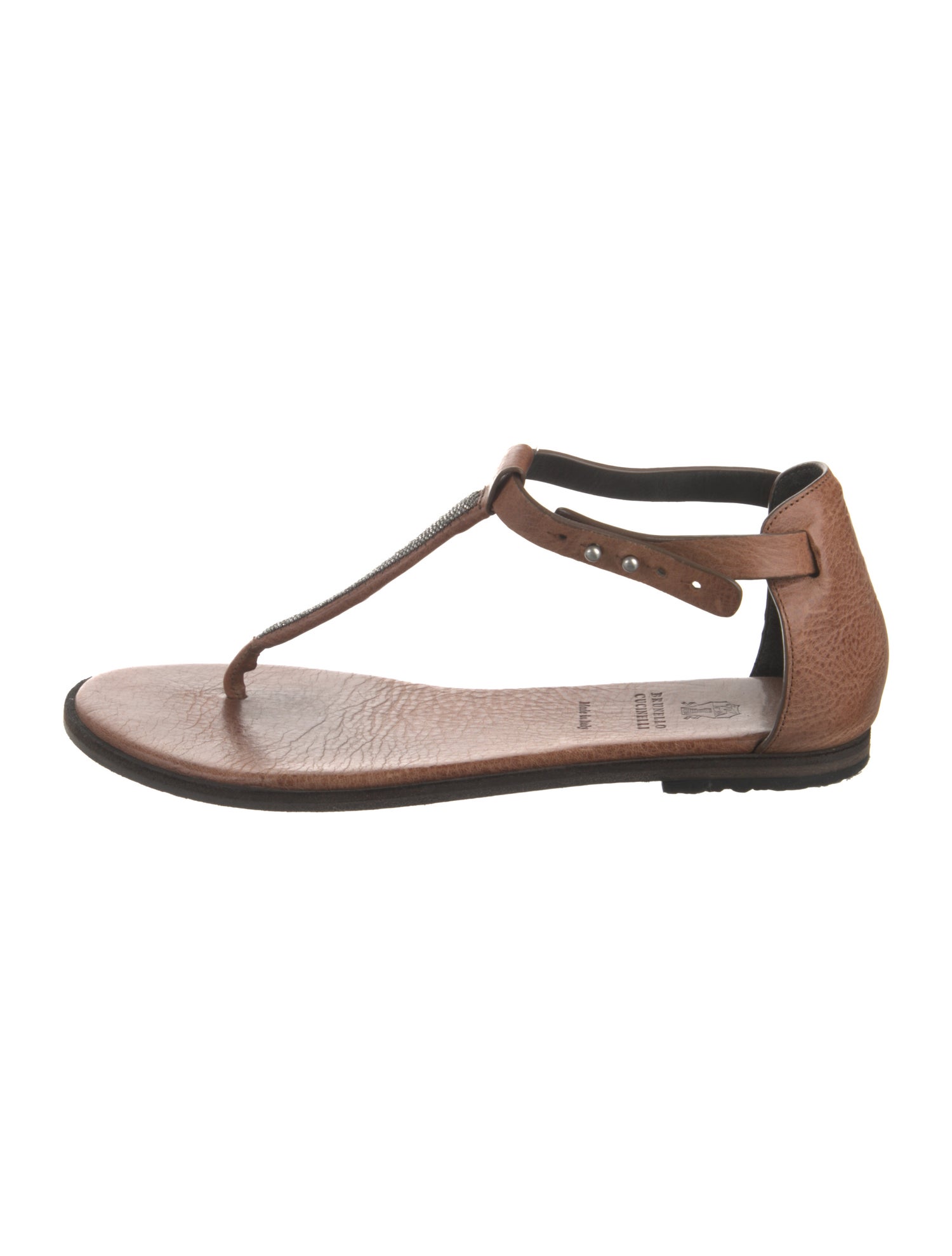 Brunello Cucinelli Monili Leather T-Strap Sandals
