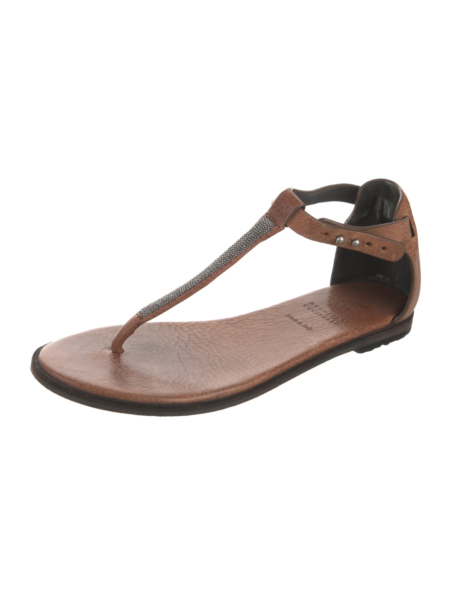 Brunello Cucinelli Monili Leather T-Strap Sandals