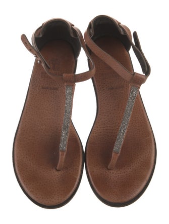 Brunello Cucinelli Monili Leather T-Strap Sandals