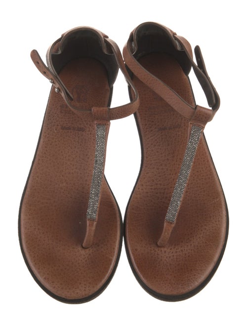 Brunello Cucinelli Monili Leather T-Strap Sandals
