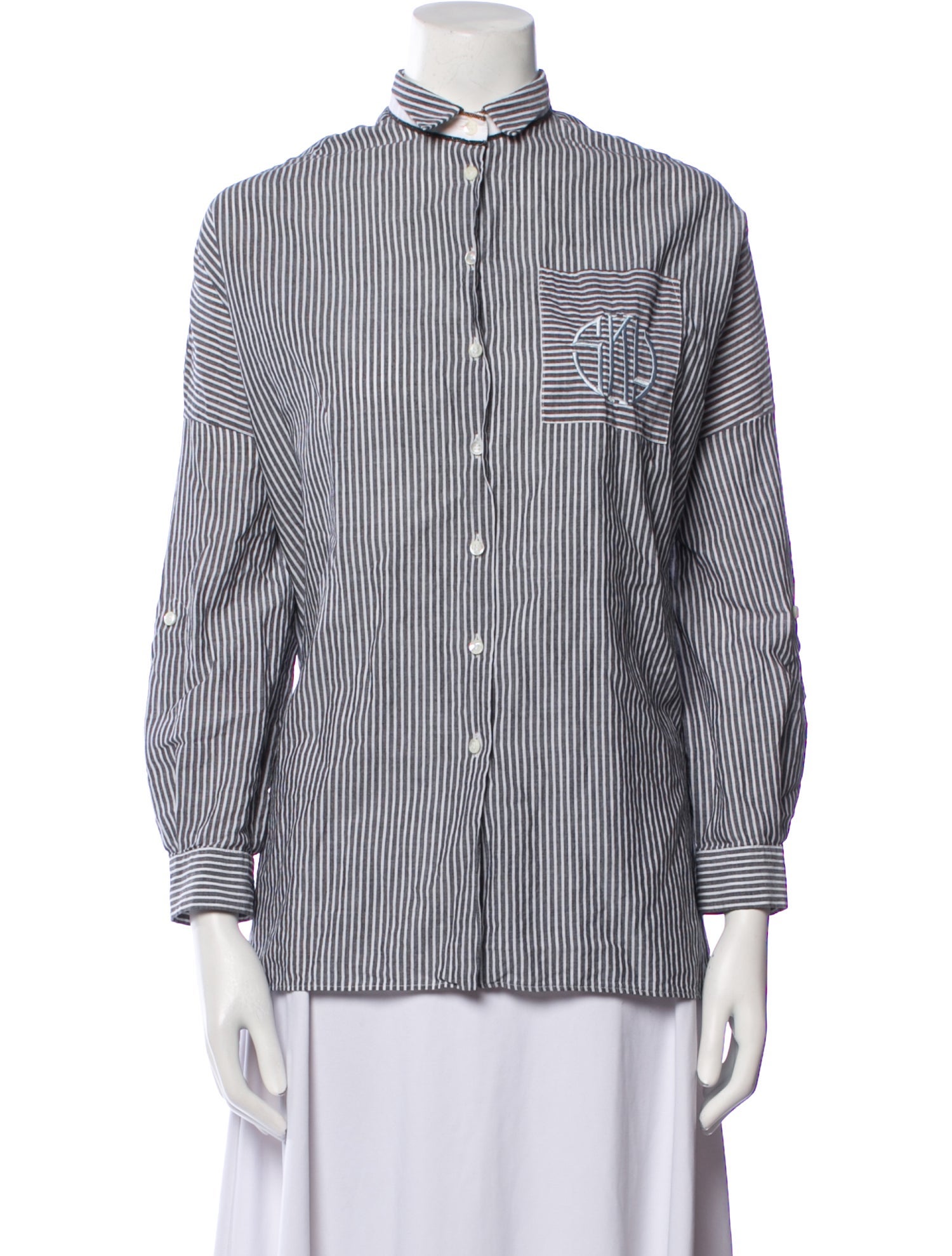 Brunello Cucinelli Striped Mock Neck Button-Up Top