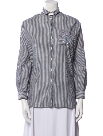Brunello Cucinelli Striped Mock Neck Button-Up Top