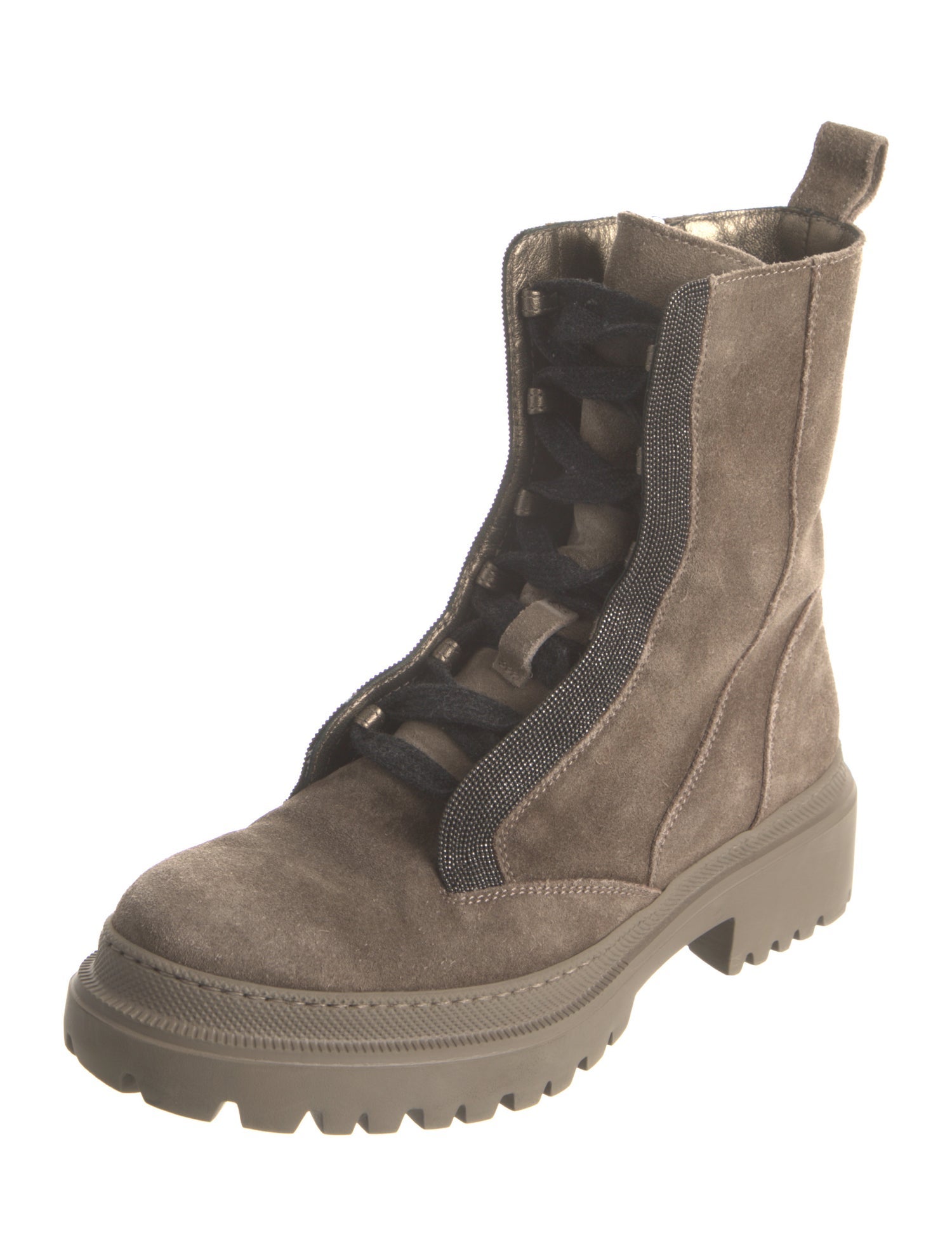 Brunello Cucinelli Suede Crystal Embellishments Combat Boots