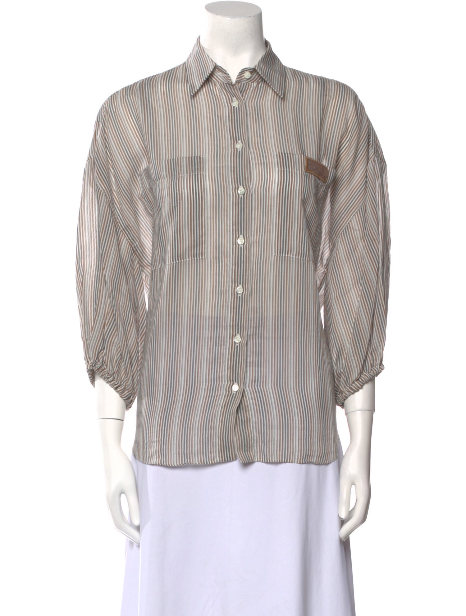 Brunello Cucinelli Striped Three-Quarter Sleeve Button-Up Top