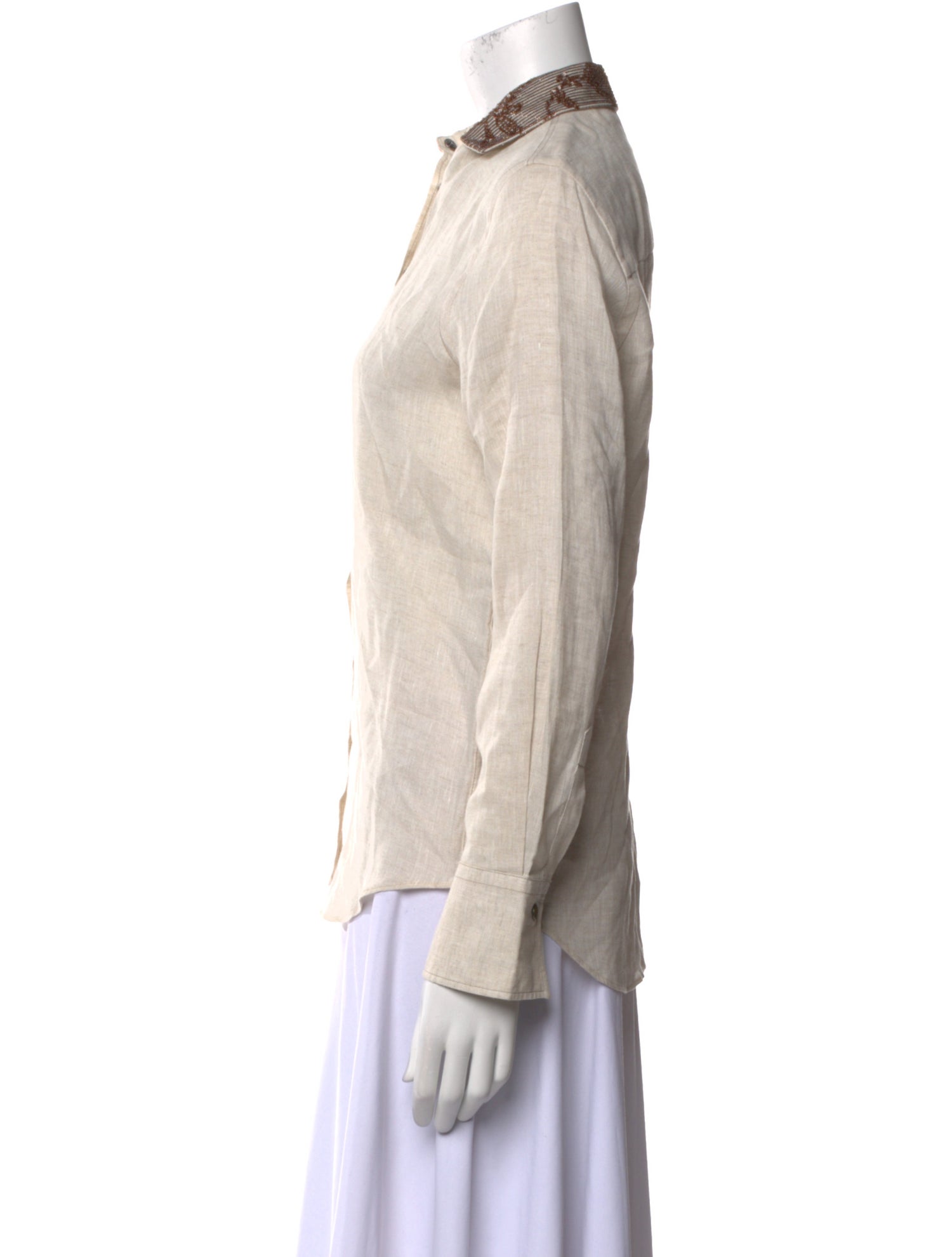 Brunello Cucinelli Linen Long Sleeve Button-Up Top