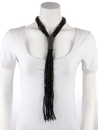 Brunello Cucinelli Onyx Bead & Leather Fringe Collar Necklace