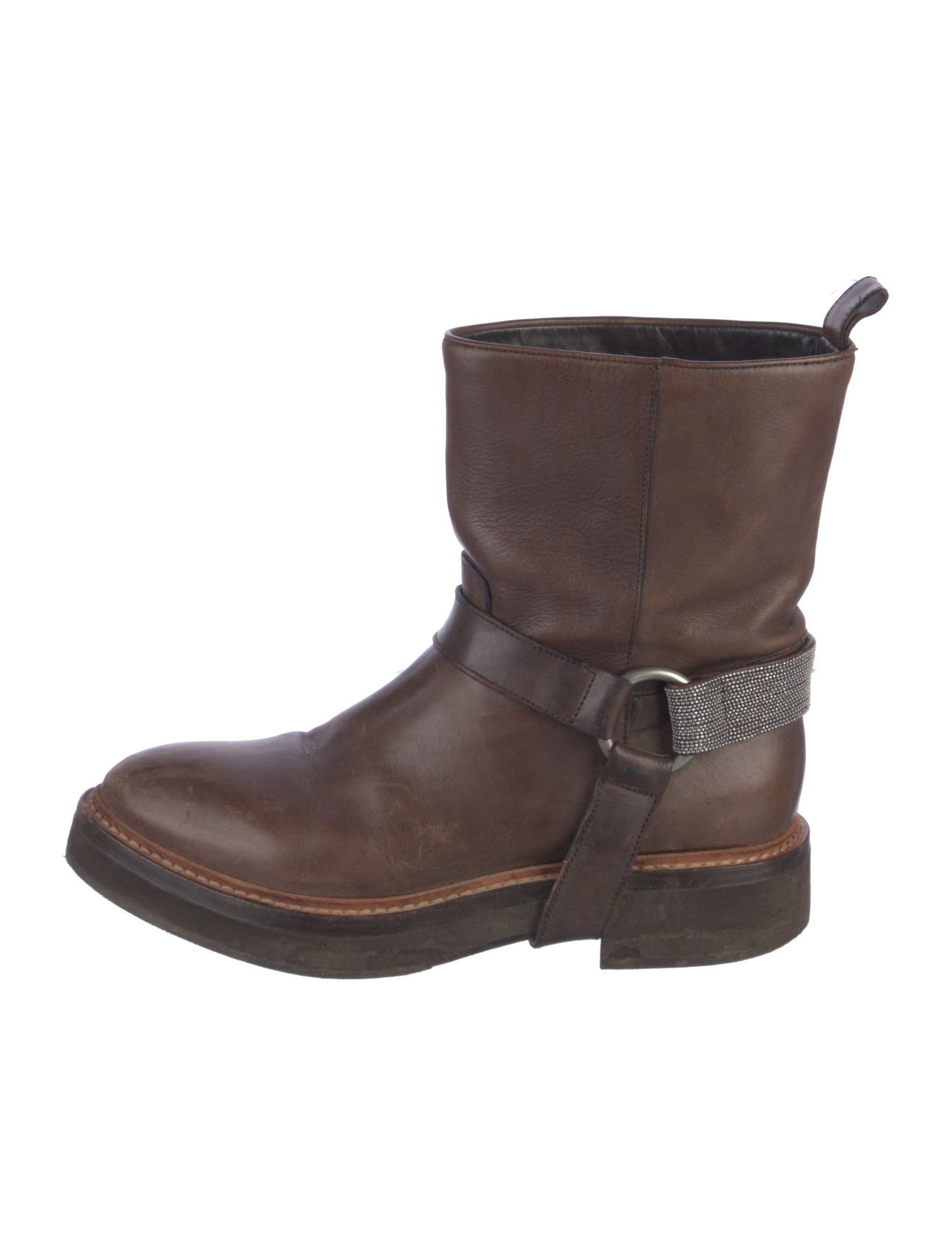 Brunello Cucinelli Leather Beaded Accents Moto Boots