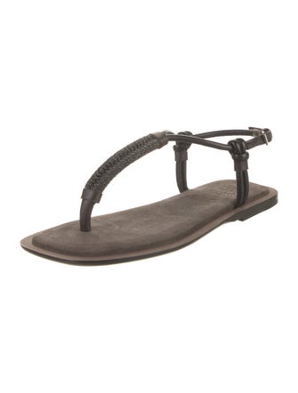 Brunello Cucinelli Leather Beaded Accents T-Strap Sandals