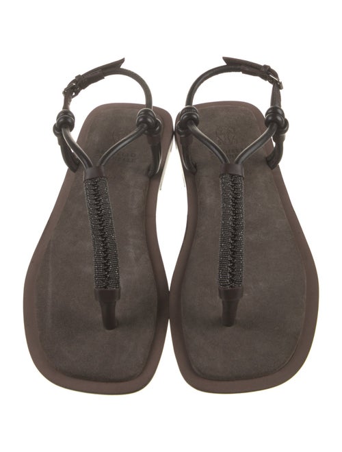Brunello Cucinelli Leather Beaded Accents T-Strap Sandals