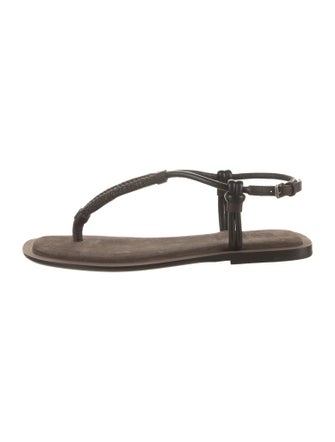 Brunello Cucinelli Leather Beaded Accents T-Strap Sandals