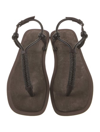 Brunello Cucinelli Leather Beaded Accents T-Strap Sandals