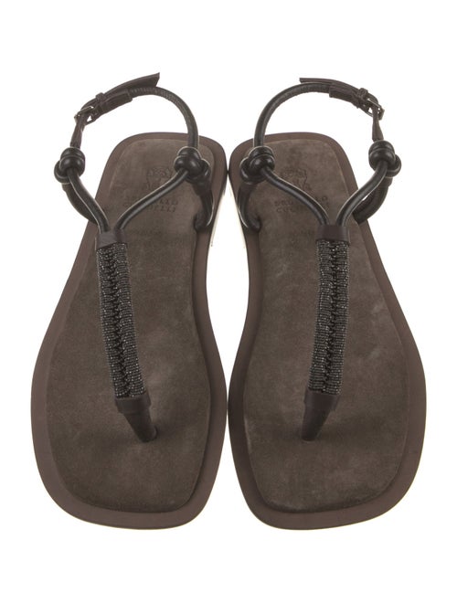 Brunello Cucinelli Leather Beaded Accents T-Strap Sandals
