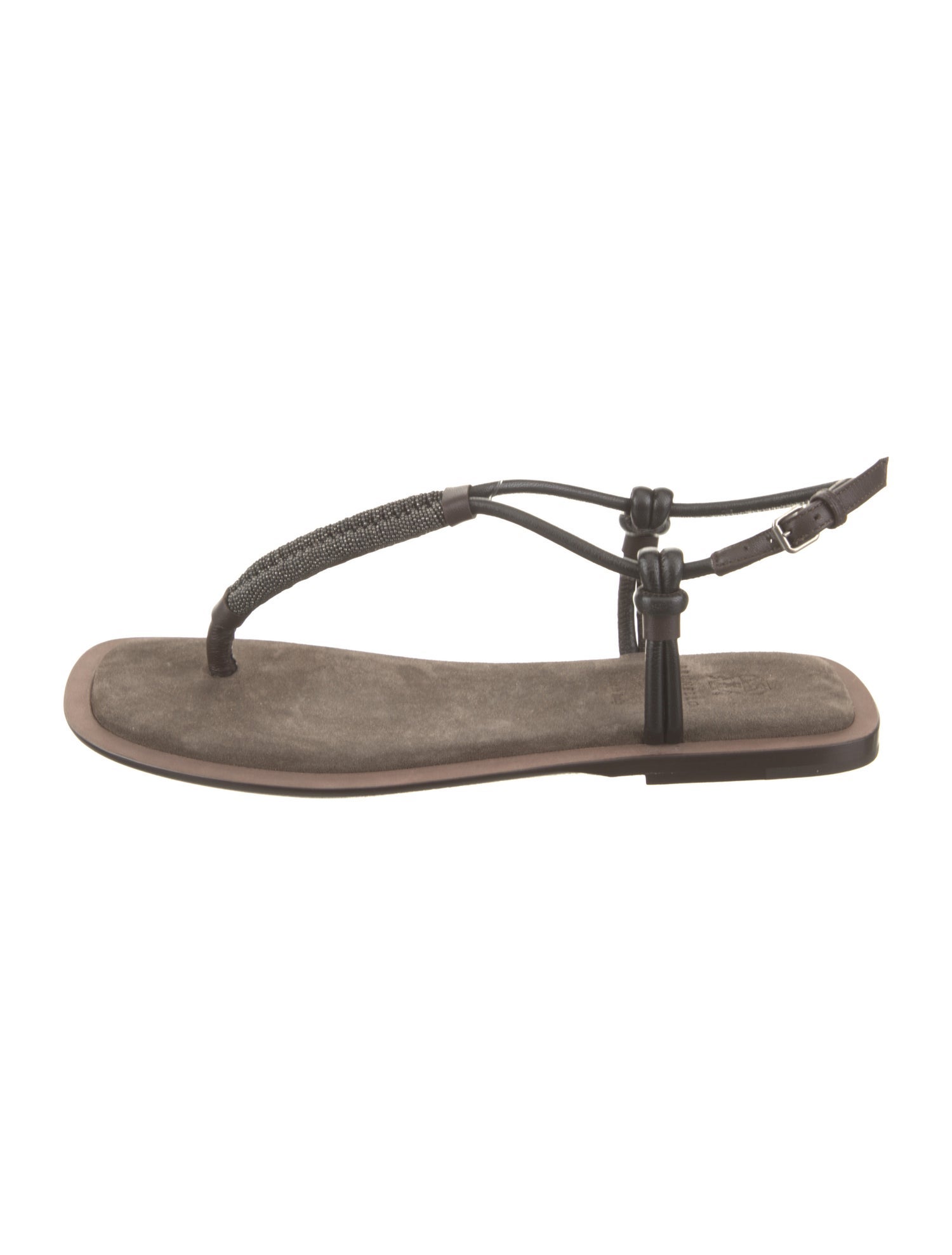 Brunello Cucinelli Leather Beaded Accents T-Strap Sandals