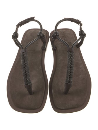 Brunello Cucinelli Leather Beaded Accents T-Strap Sandals
