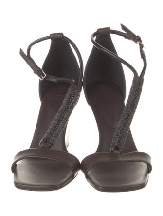 Brunello Cucinelli Leather Beaded Accents T-Strap Sandals