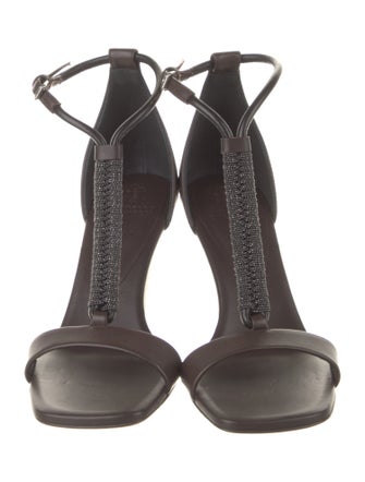 Brunello Cucinelli Leather Beaded Accents T-Strap Sandals